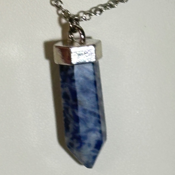 Silver Tone & Sodalite Stone/Crystal Point Pendant w/Cap & Chain Lobster Clasp - Picture 2 of 15
